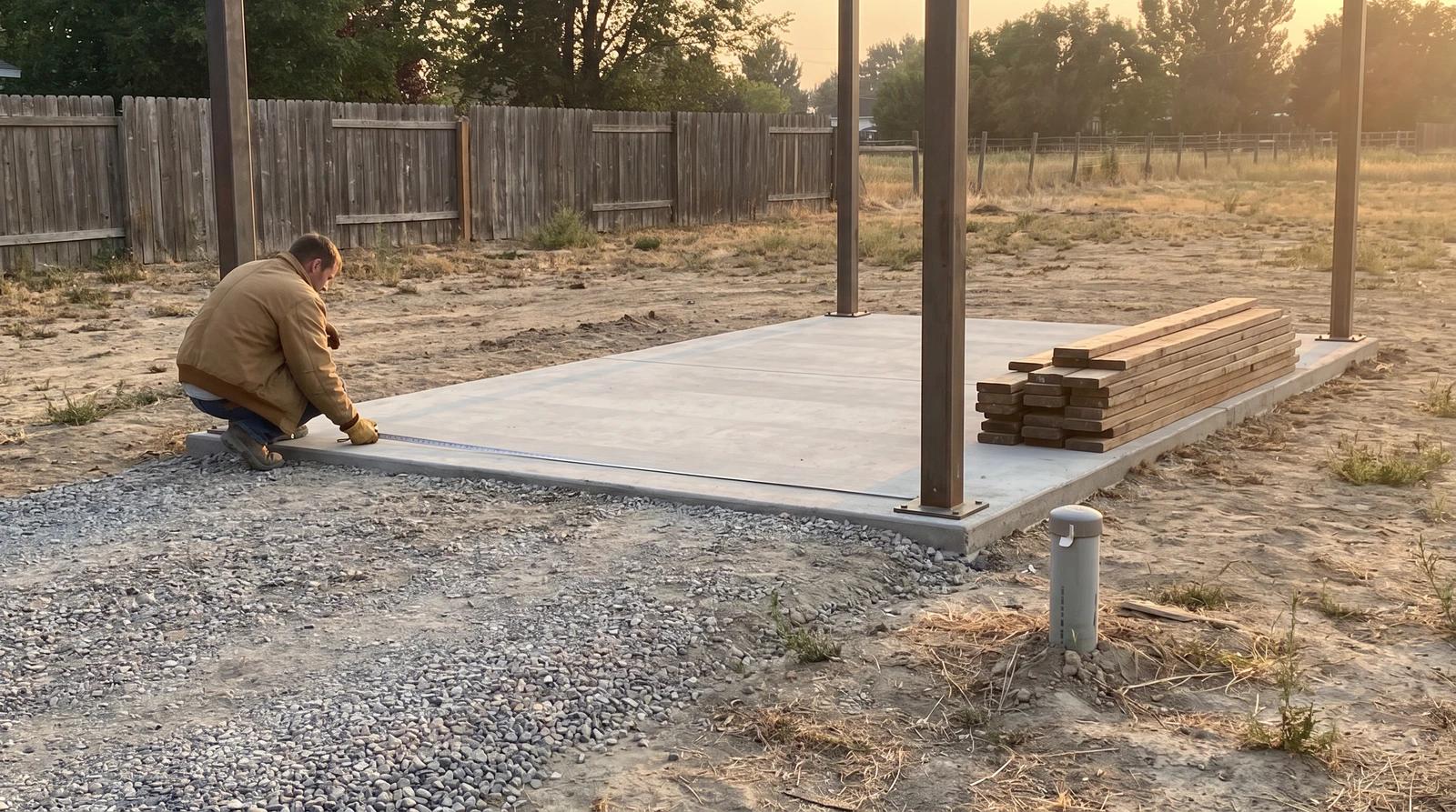 Worker measuring a leftover concrete slab and carport posts on a cleared mobile home lot in Meridian, Idaho