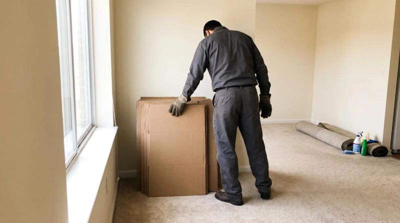 A worker in plain gray clothes and gloves stacking empty boxes in an emptied rental apartment during a cleanout in Boise, Idaho