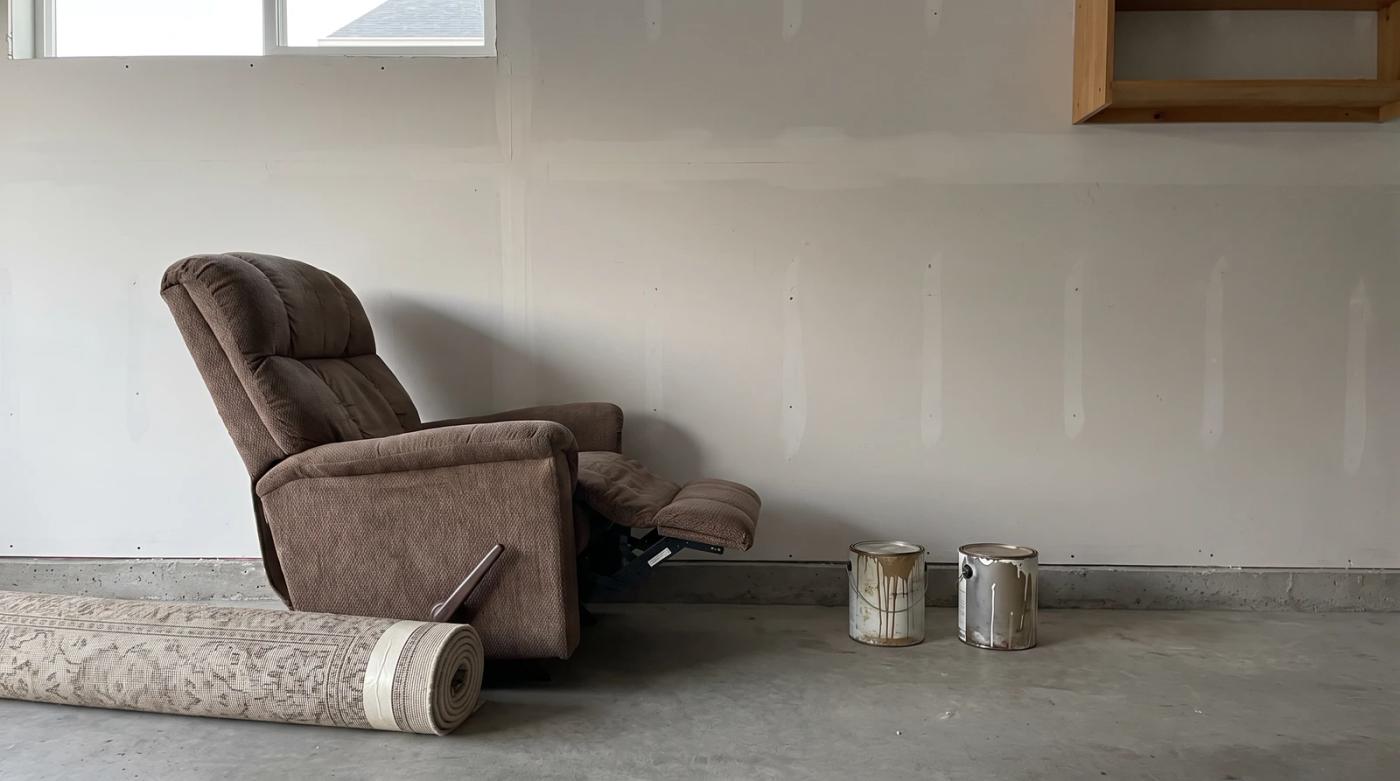 Old paint cans, a worn recliner and a rolled-up rug left behind in the garage of a newly purchased home in Kuna, Idaho