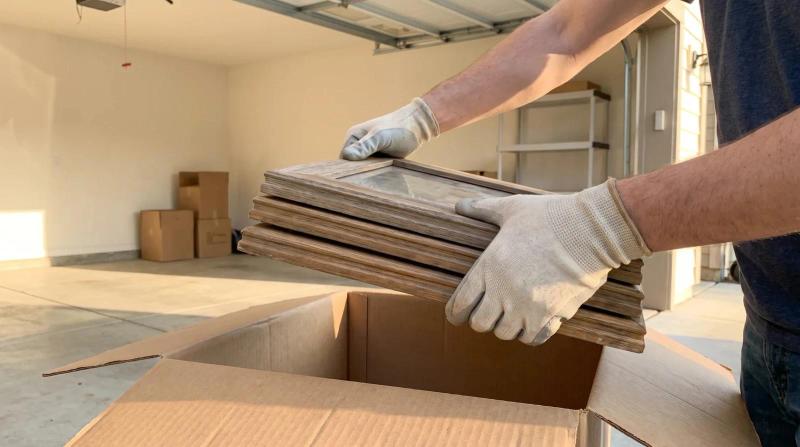 Gloved hands lifting old wooden picture frames from a cardboard box during an estate cleanout in a sunlit garage in Meridian, Idaho