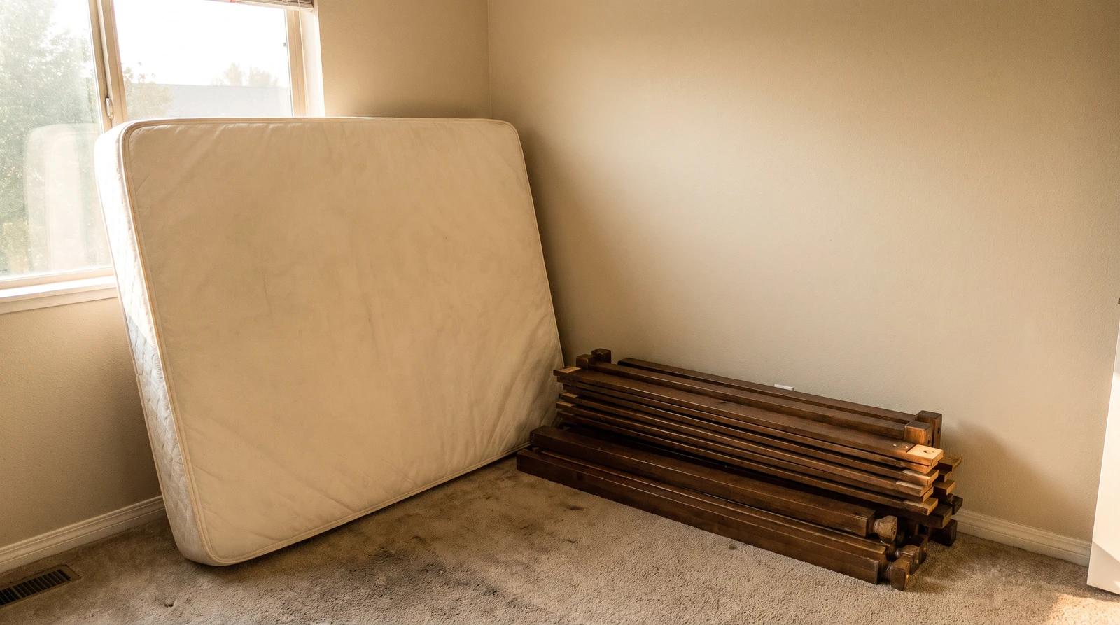 Bare mattress and disassembled wooden bed frame ready for pickup in a sunlit bedroom in Caldwell, Idaho