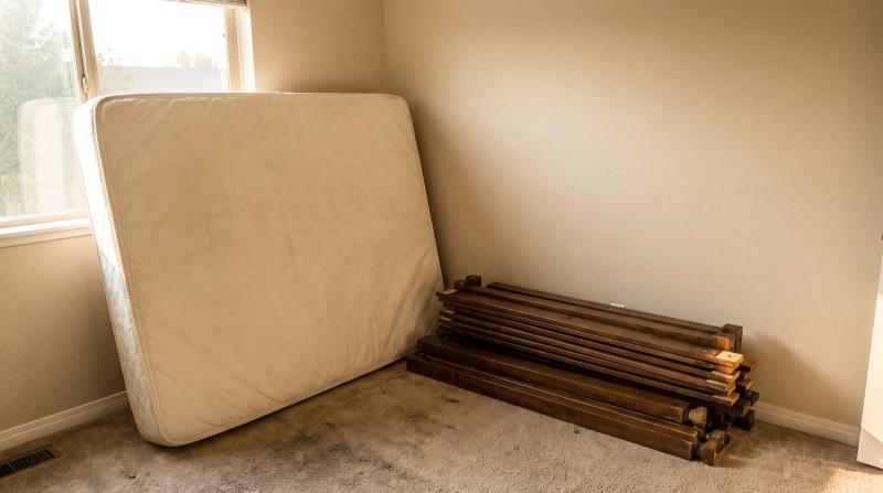 Bare mattress and disassembled wooden bed frame ready for pickup in a sunlit bedroom in Caldwell, Idaho