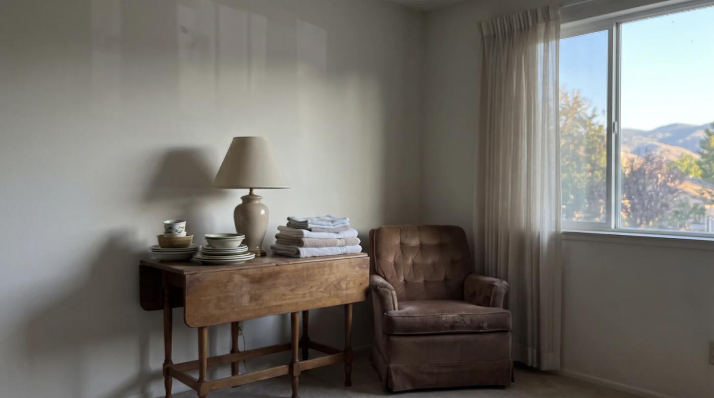 Leftover dishes, a lamp and folded linens on a folding table after an estate sale in a Nampa, Idaho home, ready for a property cleanout