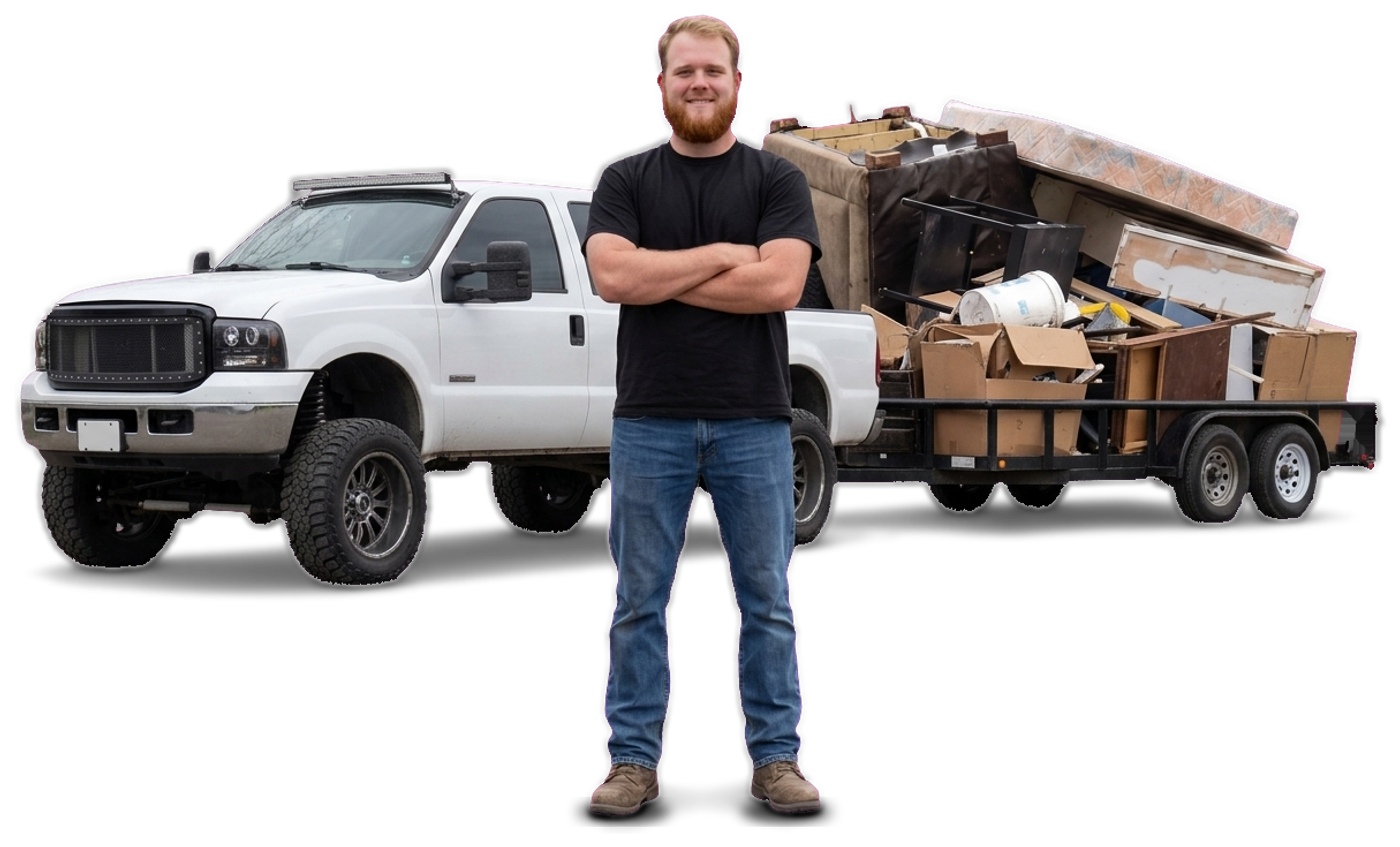 Justin Padlo, owner of Highway Desperado Hauling, standing in front of his white pickup and a trailer loaded with junk