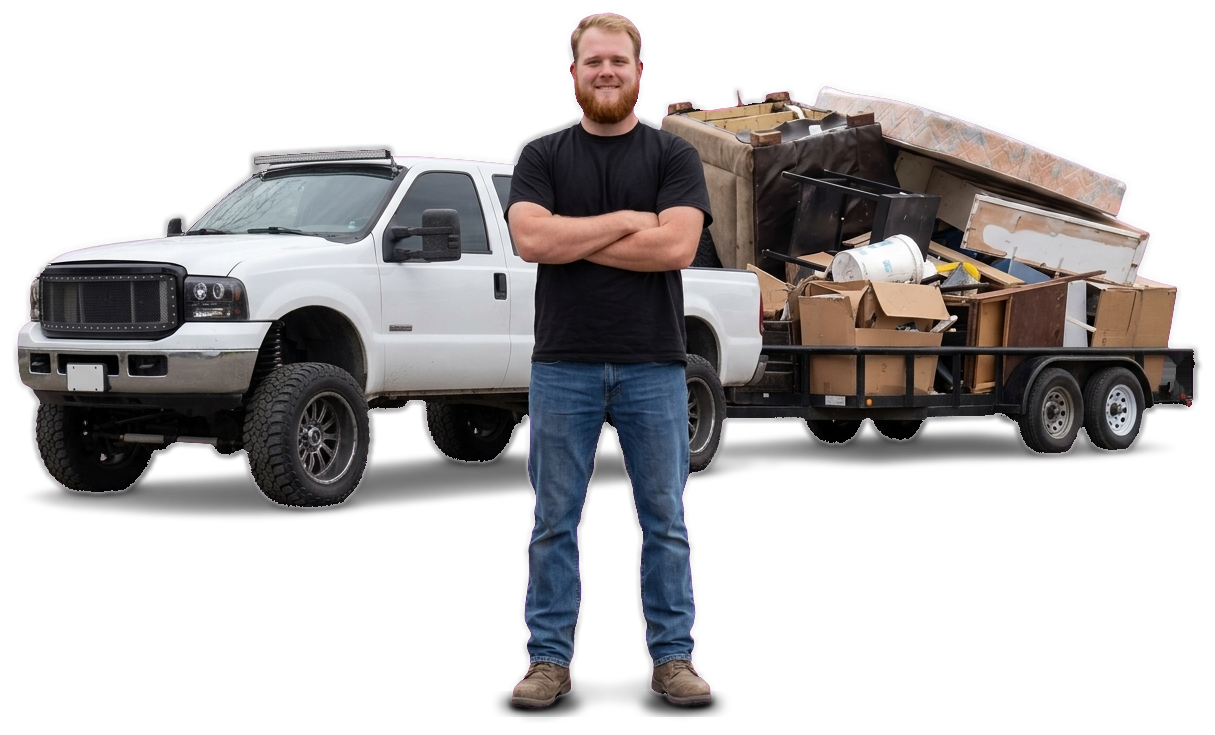 Justin Padlo, owner of Highway Desperado Hauling, standing in front of his white pickup and a trailer loaded with junk
