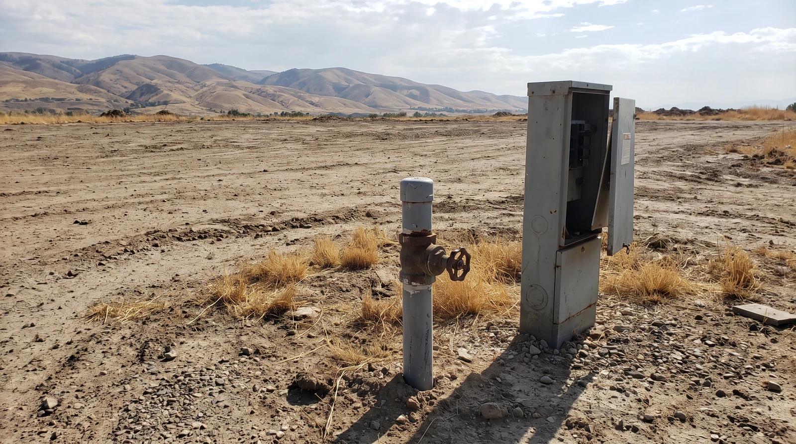 Capped water line and disconnected power pedestal on an empty mobile home lot in Boise, Idaho, after utility shutoffs and removal