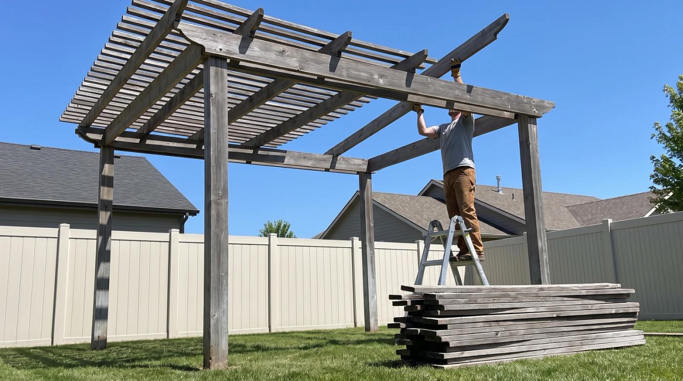 Worker taking apart a weathered wooden pergola in a Nampa, Idaho backyard, with old boards stacked on the lawn