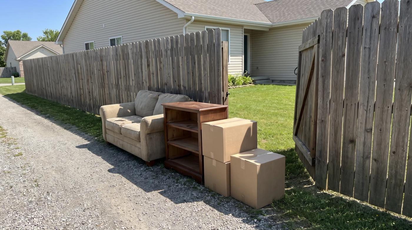 Old couch, wooden dresser and cardboard boxes stacked beside an open wooden gate at the end of a narrow gravel driveway in Boise, Idaho