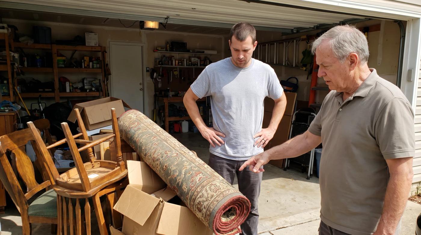 Junk removal worker looking over a pile of old furniture and boxes in a garage during a free estimate in Eagle, Idaho