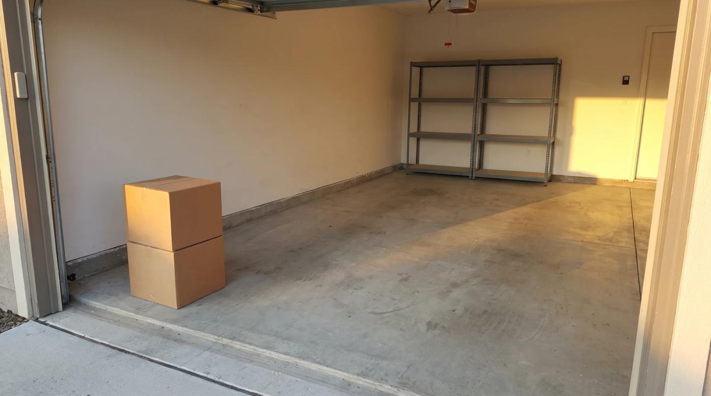 Half-cleared garage in Eagle, Idaho with a few boxes by the open door and empty metal shelving during a garage cleanout