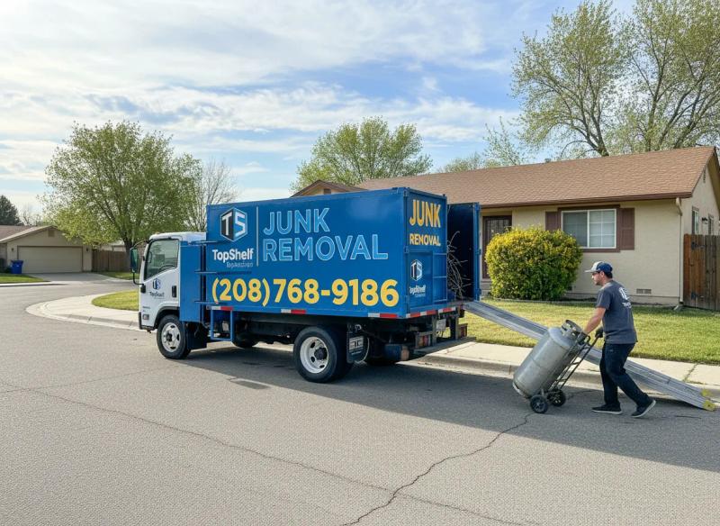 Top Shelf employee wheeling a propane tank on a dolly to the branded truck parked on a residential street in Caldwell Idaho