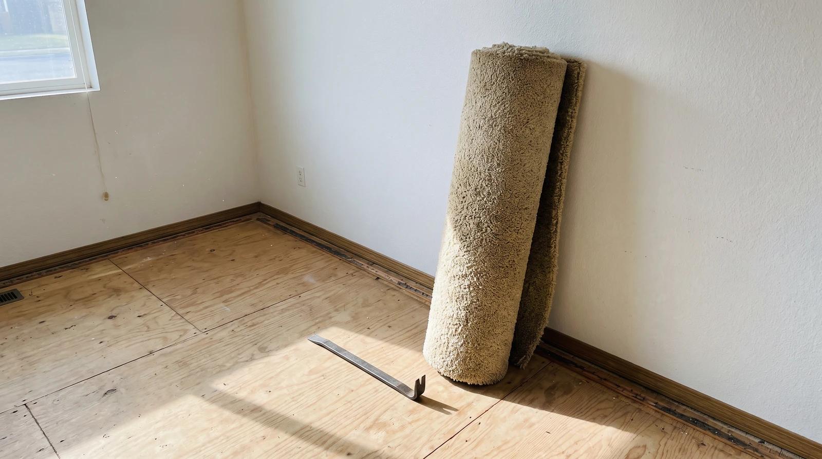 Bare plywood subfloor after carpet removal, with rolled old carpet against the wall ready for new flooring
