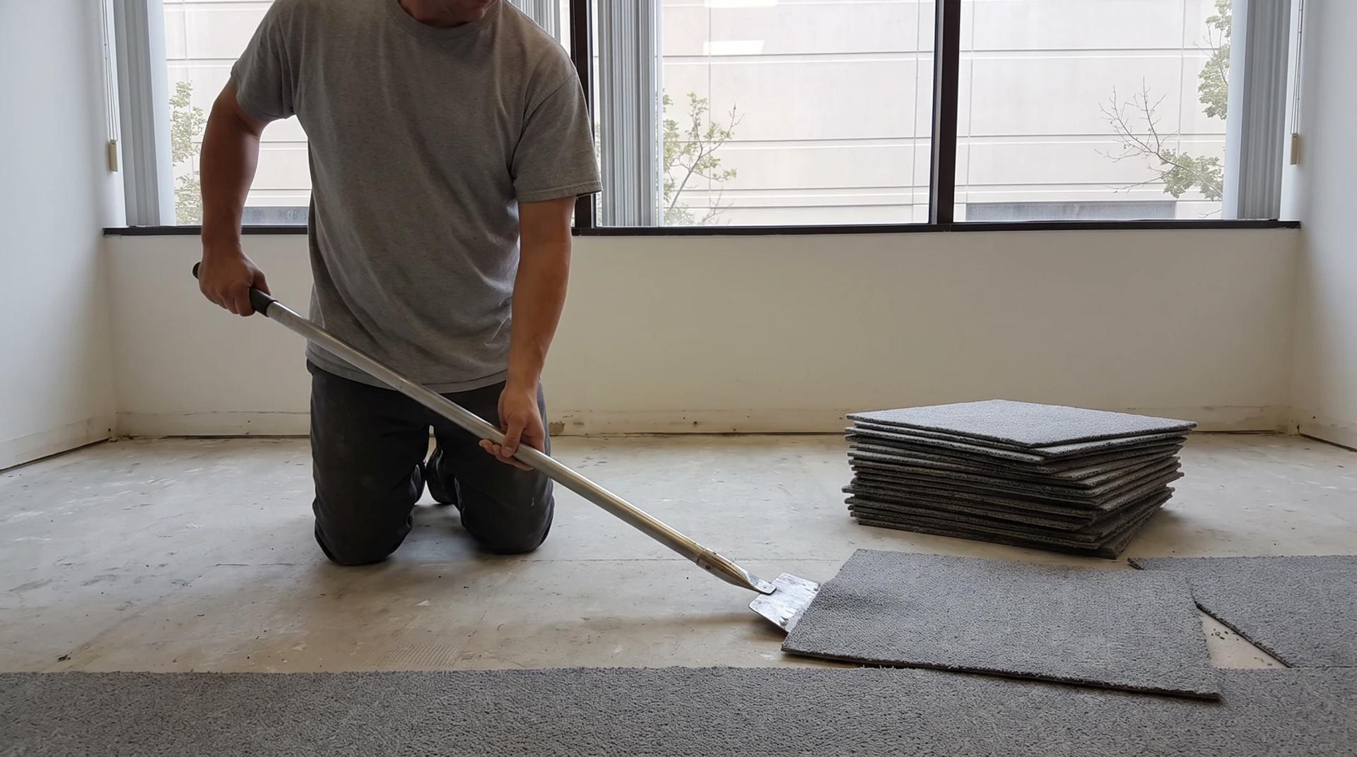Worker scraping adhesive after removing carpet tiles in an empty office in Caldwell, Idaho