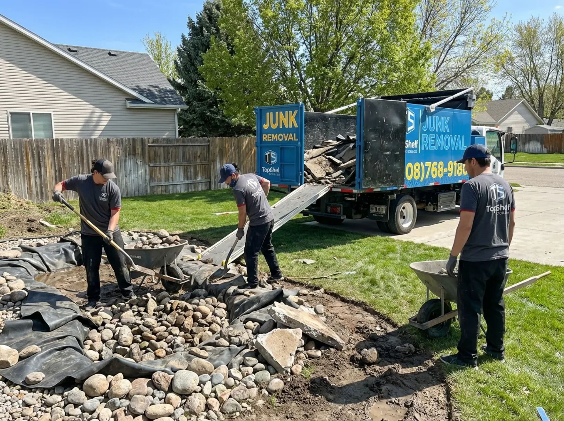 Top Shelf crew member excavating a backyard pond in Nampa, Idaho