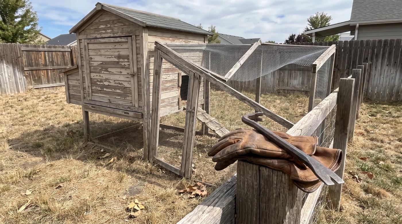 Old wooden chicken coop and wire run ready for removal in a Kuna, Idaho backyard, with work gloves and a pry bar nearby