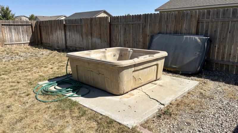 Empty weathered hot tub shell on a backyard concrete pad in Eagle, Idaho, with a garden hose and detached cover set aside before removal