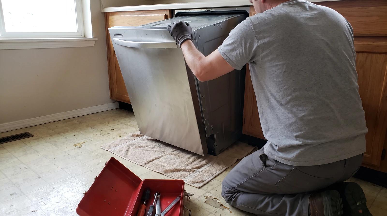 Worker removing an old stainless steel dishwasher from under a kitchen counter during an appliance removal job in Middleton, Idaho