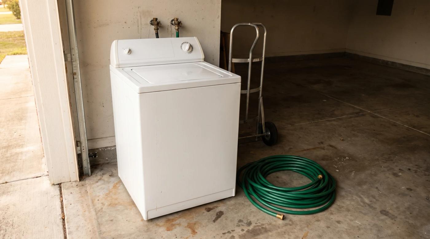 Old washing machine on a garage floor next to a hand truck, ready for appliance removal in Eagle, Idaho