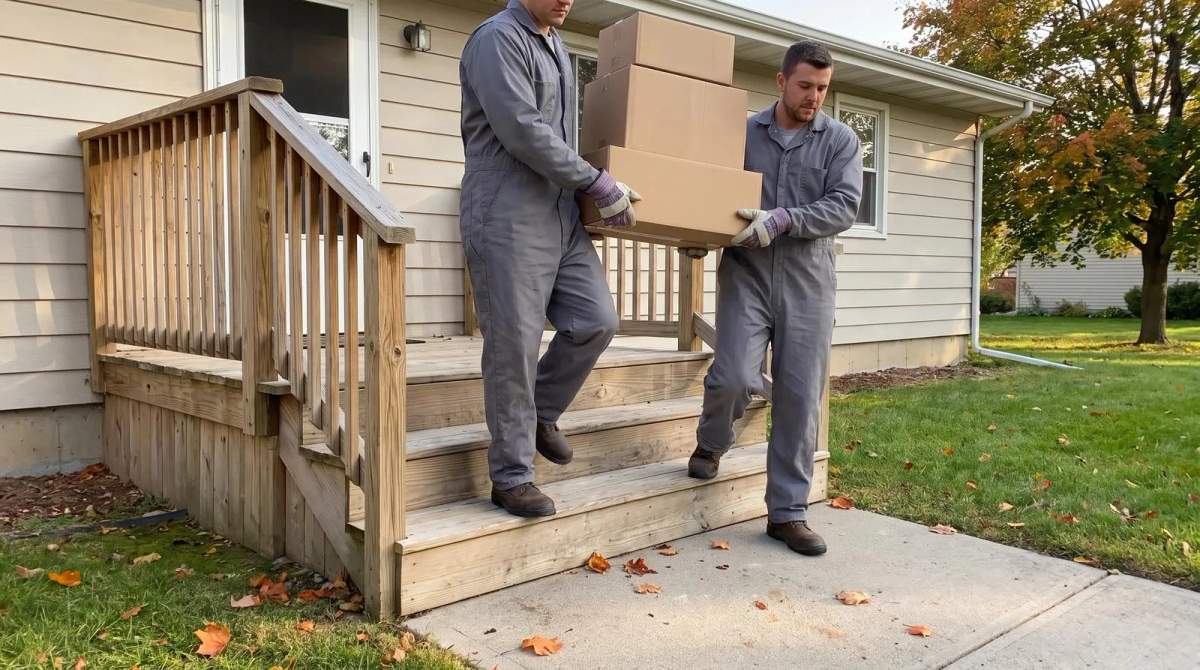Two workers in plain gray coveralls carrying cardboard boxes down the front steps of a home during a residential hoarding cleanup in Meridian, Idaho