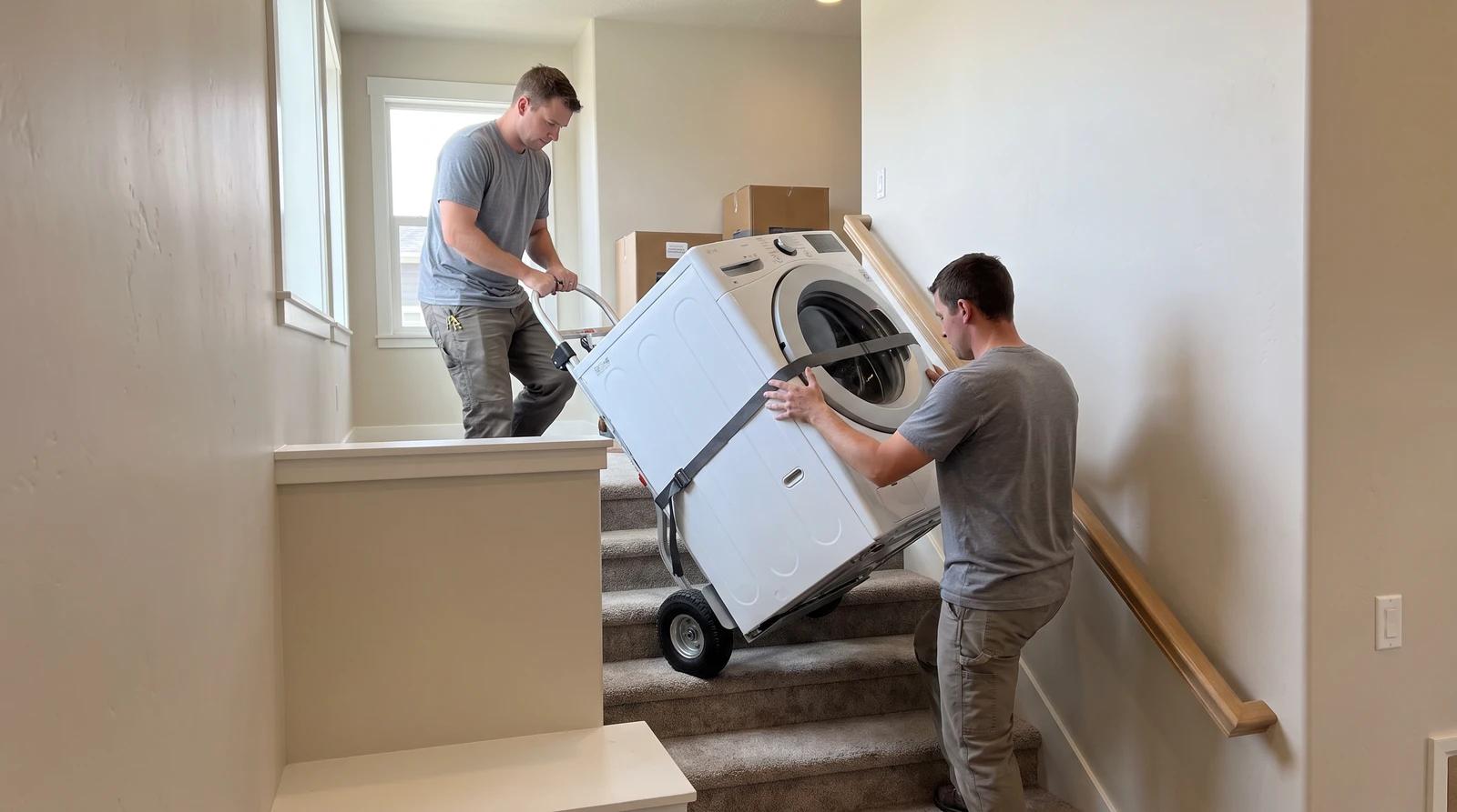 Two-person crew moving a front-load washer down a carpeted staircase during an upstairs washer and dryer removal in Meridian, Idaho