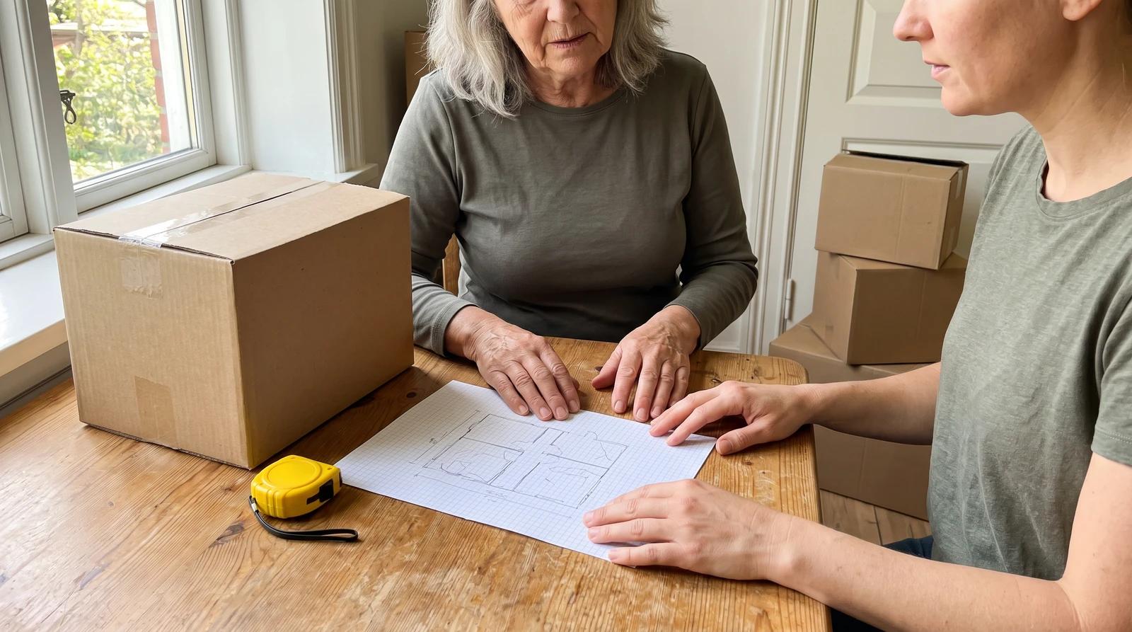 Mother and daughter reviewing a floor plan with a tape measure while planning a senior downsizing estate cleanout in Kuna, Idaho