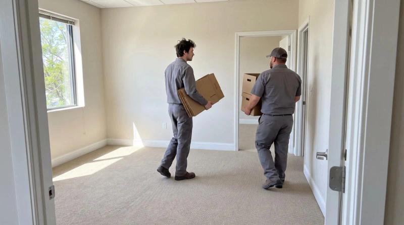 Two workers in plain gray clothing carrying empty cardboard boxes out of a bare, sunlit office suite during a commercial cleanout in Boise, Idaho