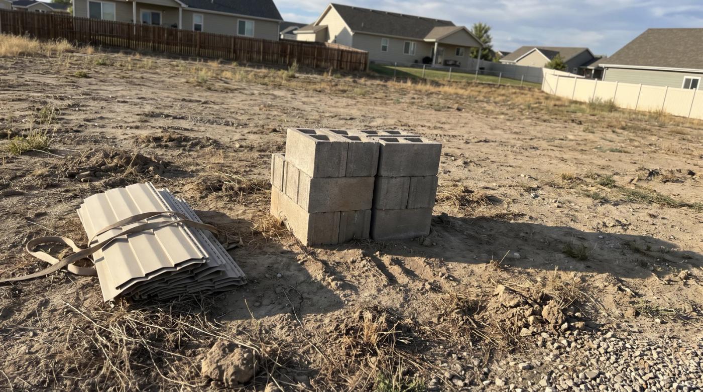 Stacked concrete pier blocks and folded vinyl skirting panels on a cleared mobile home lot in Nampa, Idaho after demolition