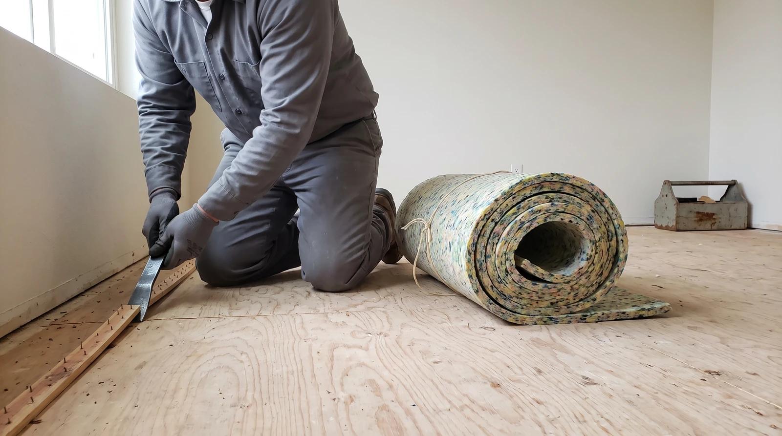 Worker prying tack strip off a plywood subfloor after carpet removal in a Nampa, Idaho home