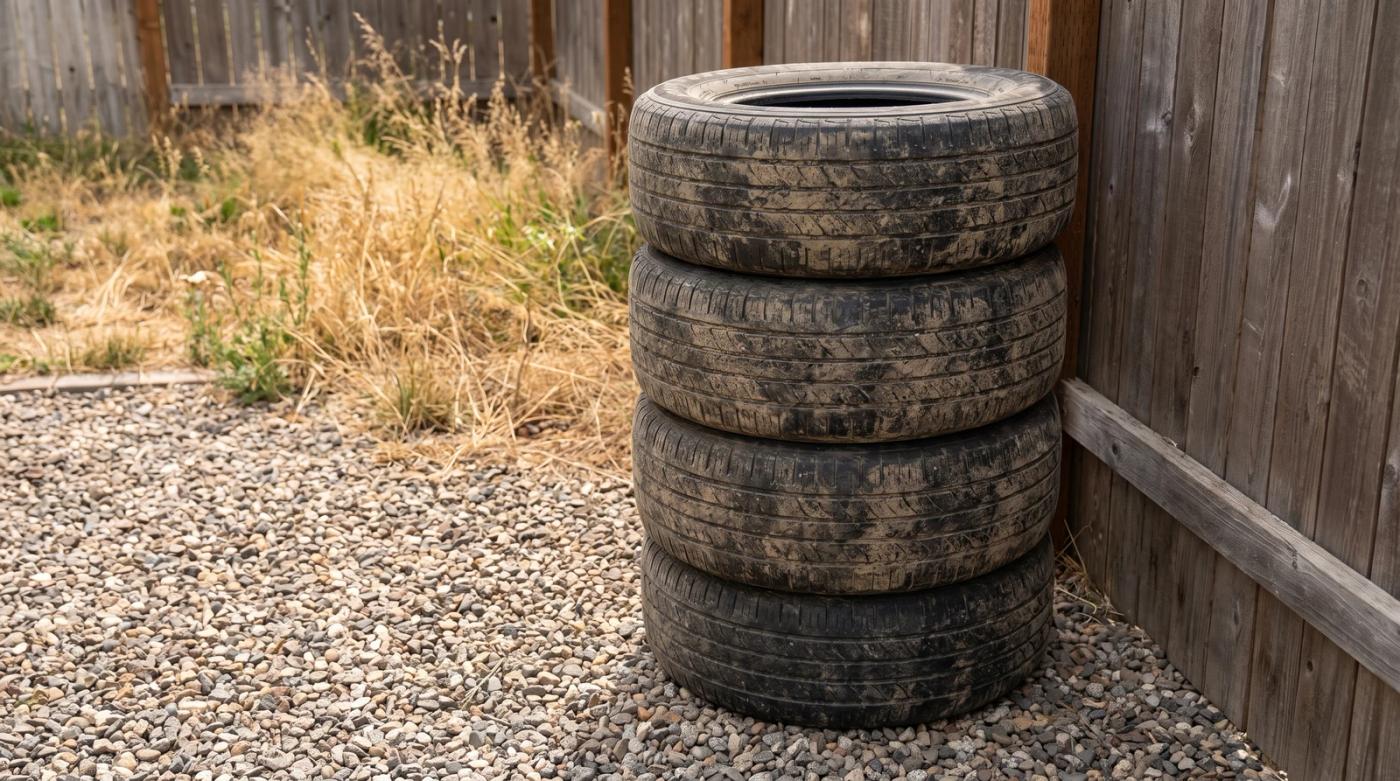 A stack of old passenger tires ready for tire removal on a gravel lot in Kuna, Idaho