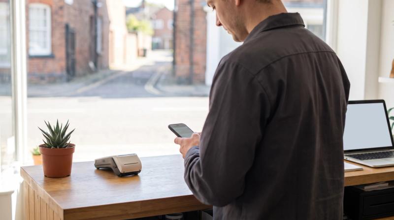 Small business owner at a shop counter holding a smartphone next to a card reader and a potted plant