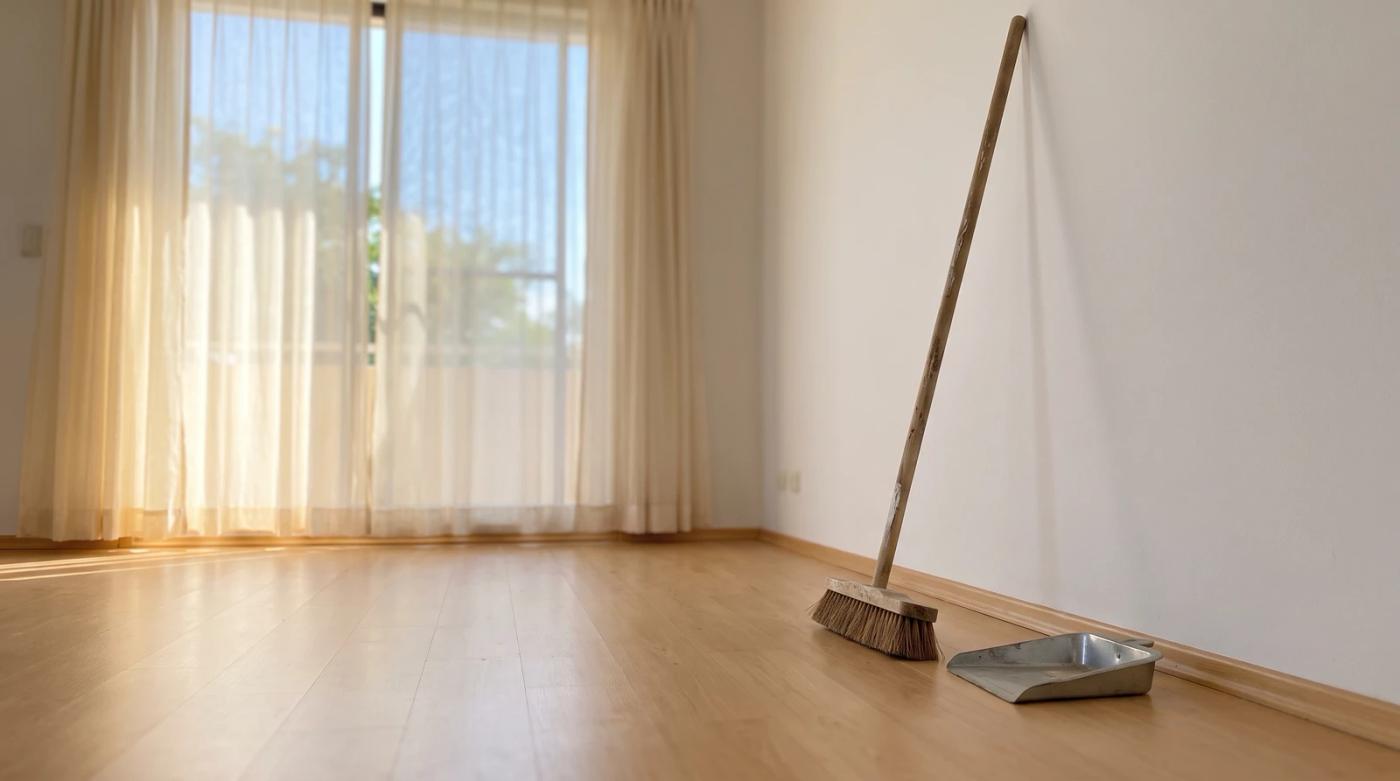 Empty swept living room with a push broom and dustpan after a property cleanout in Star, Idaho