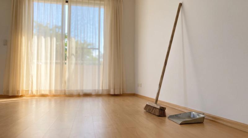 Empty swept living room with a push broom and dustpan after a property cleanout in Star, Idaho