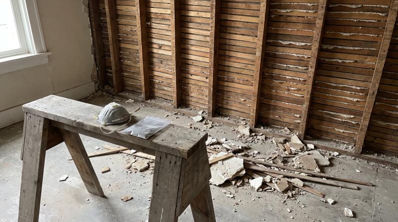 Partially demolished plaster wall with exposed studs, broken plaster on the floor and a respirator mask on a sawhorse in a Meridian, Idaho home
