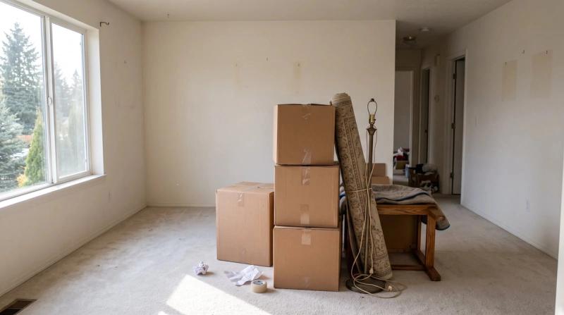 A living room packed into boxes before a move
