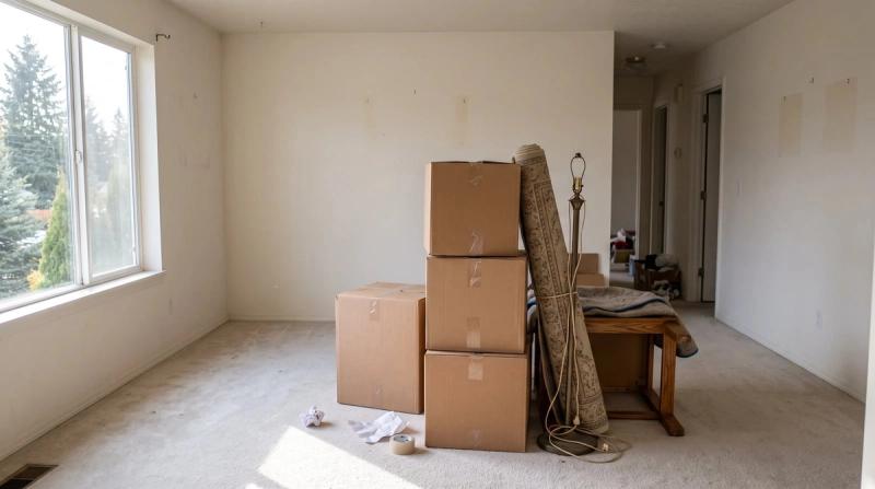 A living room packed into boxes before a move