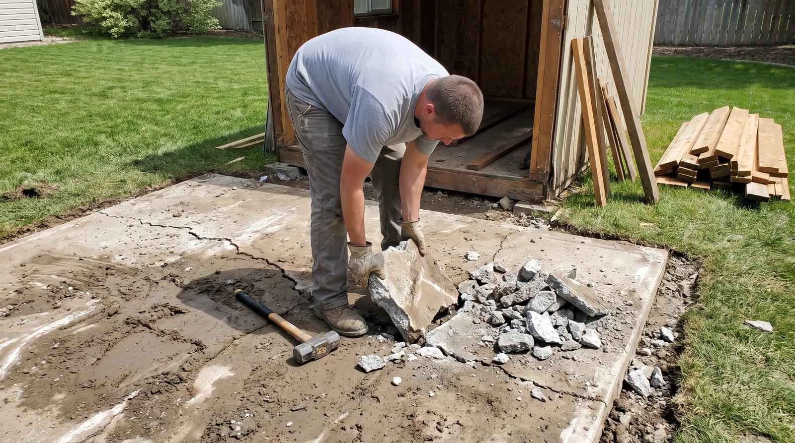 Worker lifting broken concrete from an old shed slab in a backyard in Kuna, Idaho
