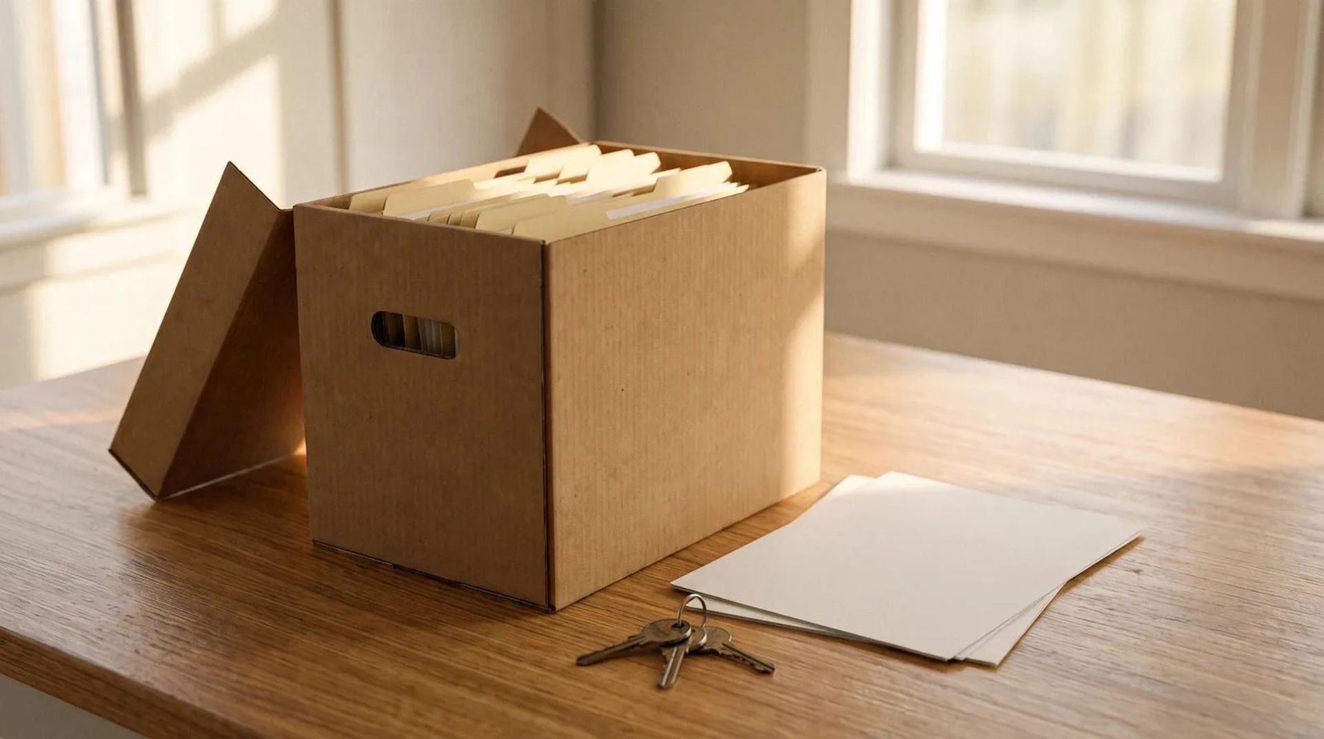 An open cardboard file box with loose documents and house keys on a kitchen table in a Nampa, Idaho home being prepared for a hoarding cleanup
