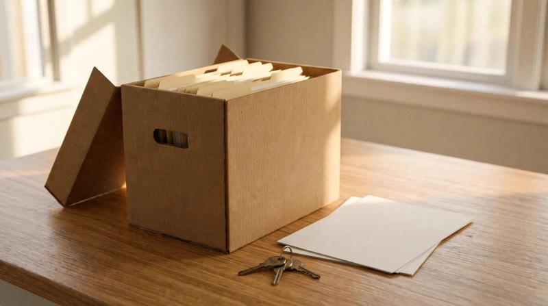 An open cardboard file box with loose documents and house keys on a kitchen table in a Nampa, Idaho home being prepared for a hoarding cleanup