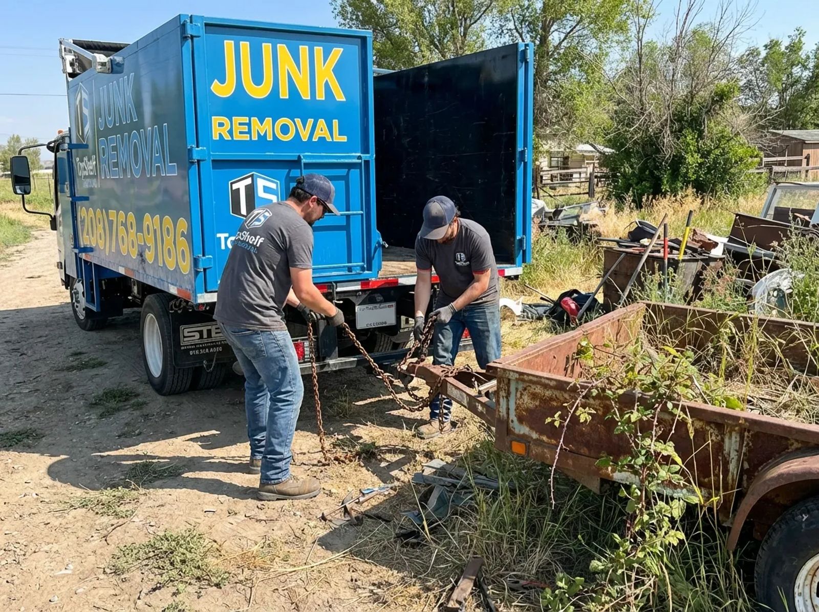 Top Shelf crew removing a junk trailer from a residential property in Garden City Idaho