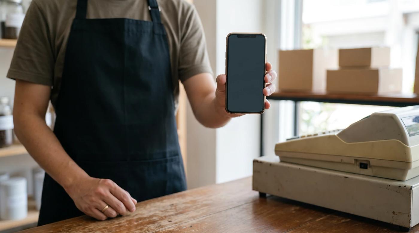 Business owner recording a verification video on a smartphone behind a shop counter with a cash register and shelves in the background
