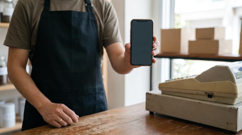 Business owner recording a verification video on a smartphone behind a shop counter with a cash register and shelves in the background