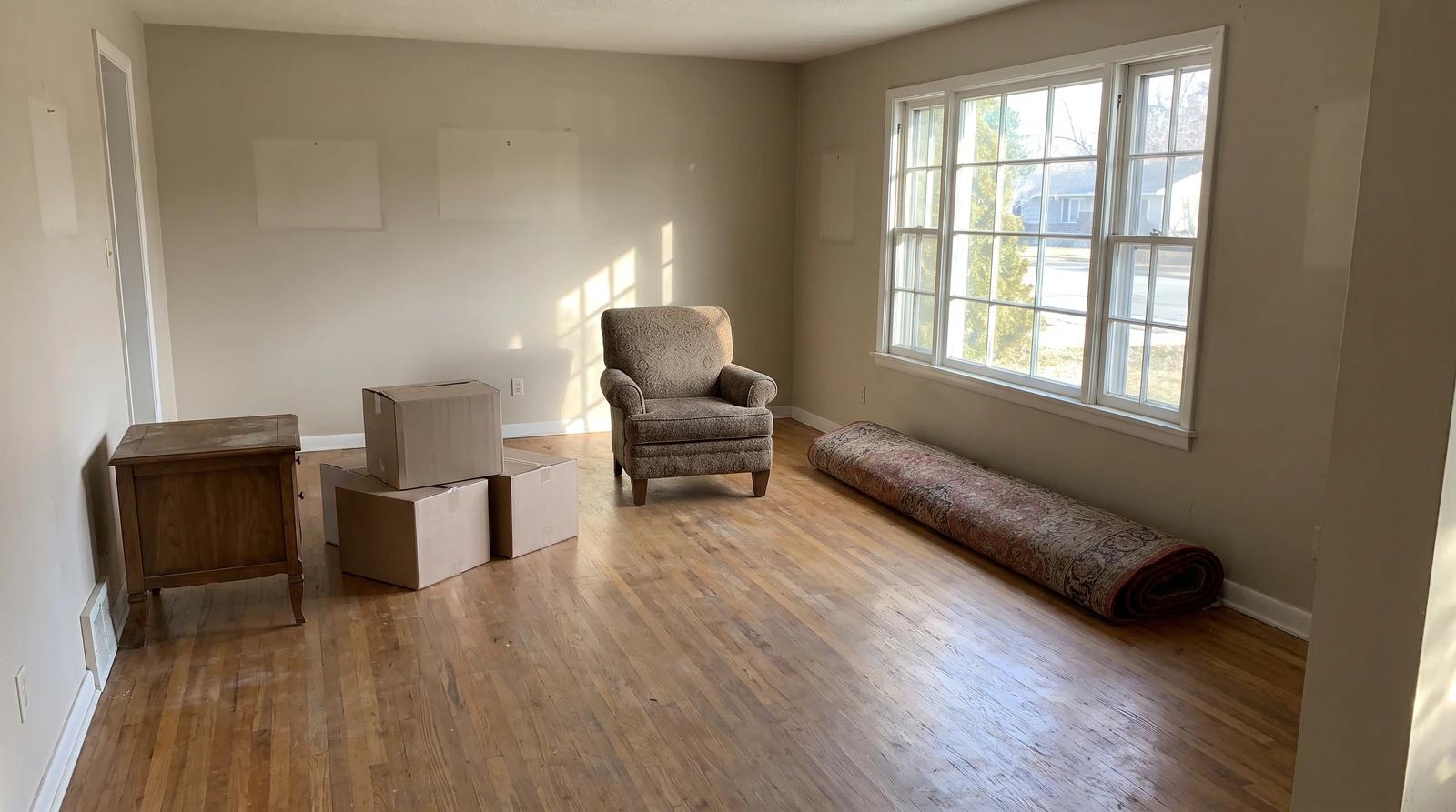 Leftover boxes, an armchair and a rolled rug in an emptied living room after an estate sale in Meridian, Idaho