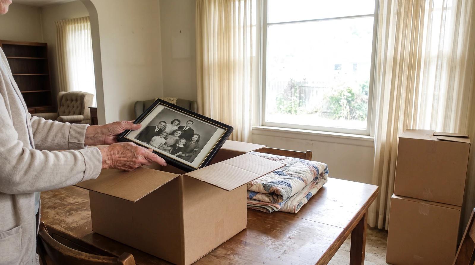 Packing a parent's framed family photo into a moving box during a senior downsizing estate cleanout in Boise, Idaho