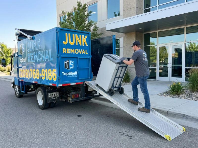 Top Shelf crew member loading a paper shredder into the junk removal truck in Kuna Idaho