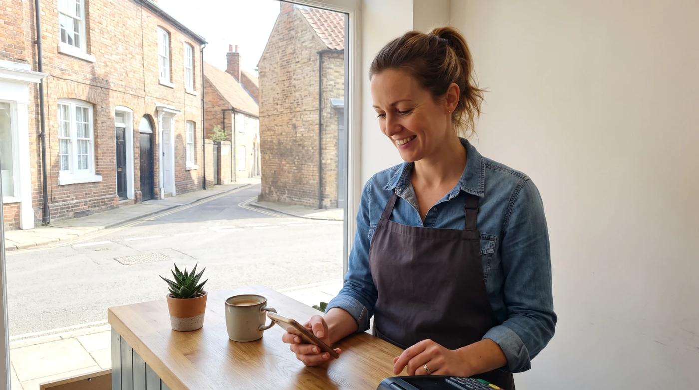 Small business owner at a shop counter reading a smartphone, with a coffee mug and potted plant nearby