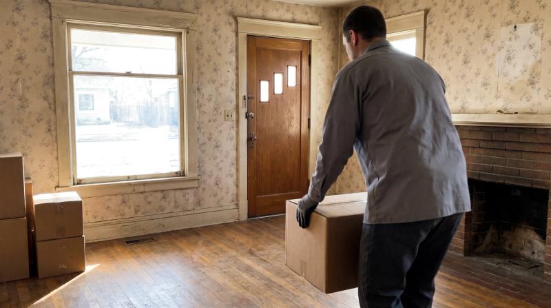 Estate cleanout worker setting a box by the front door of a nearly empty living room in a Nampa, Idaho home