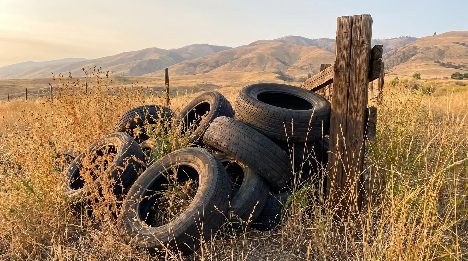 Old tire pile in dry grass beside a wooden fence on rural acreage near Star, Idaho, waiting for cleanup