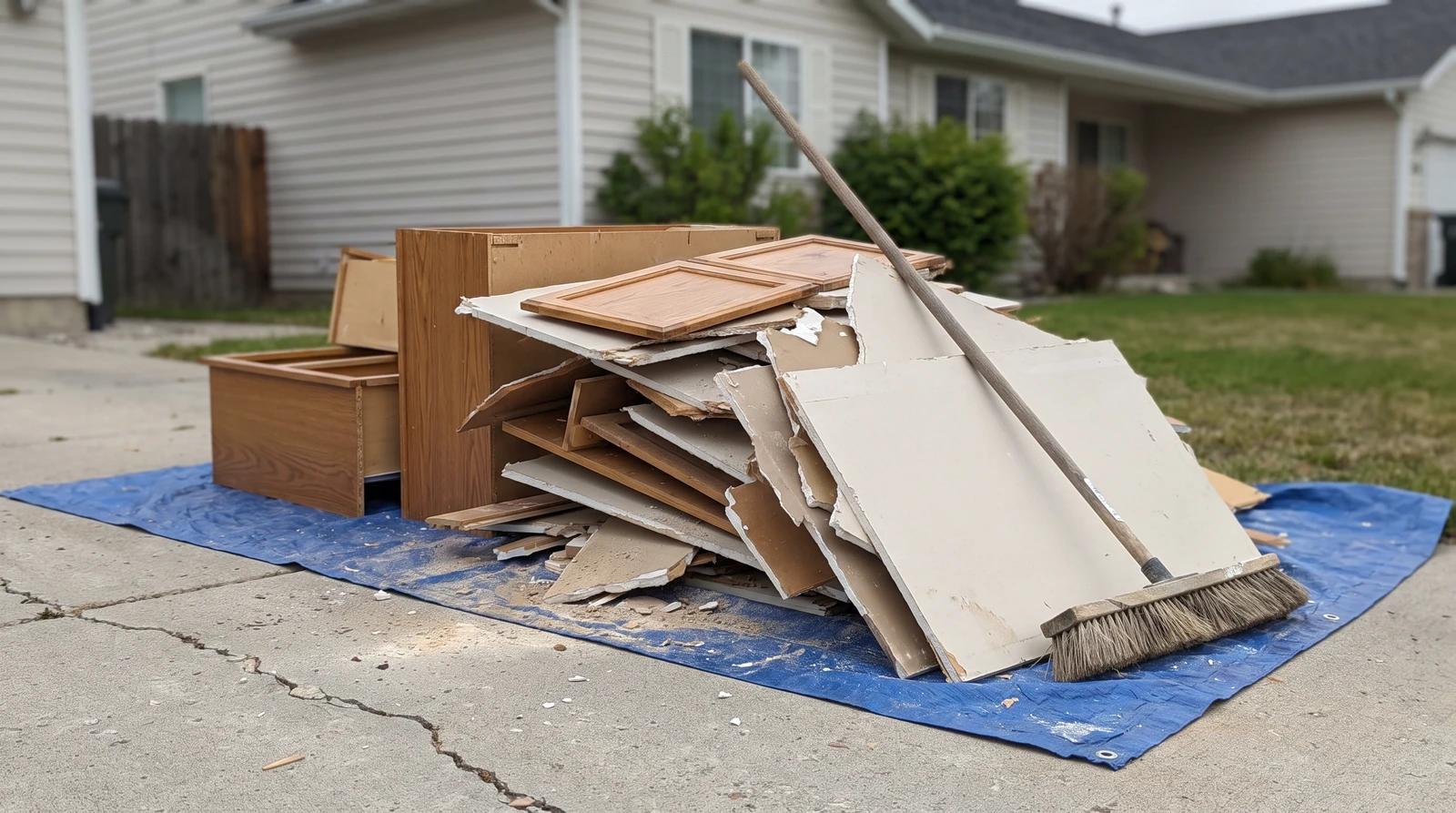 Remodel debris staged for haul away, old kitchen cabinets and drywall scraps on a blue tarp in a Caldwell, Idaho driveway