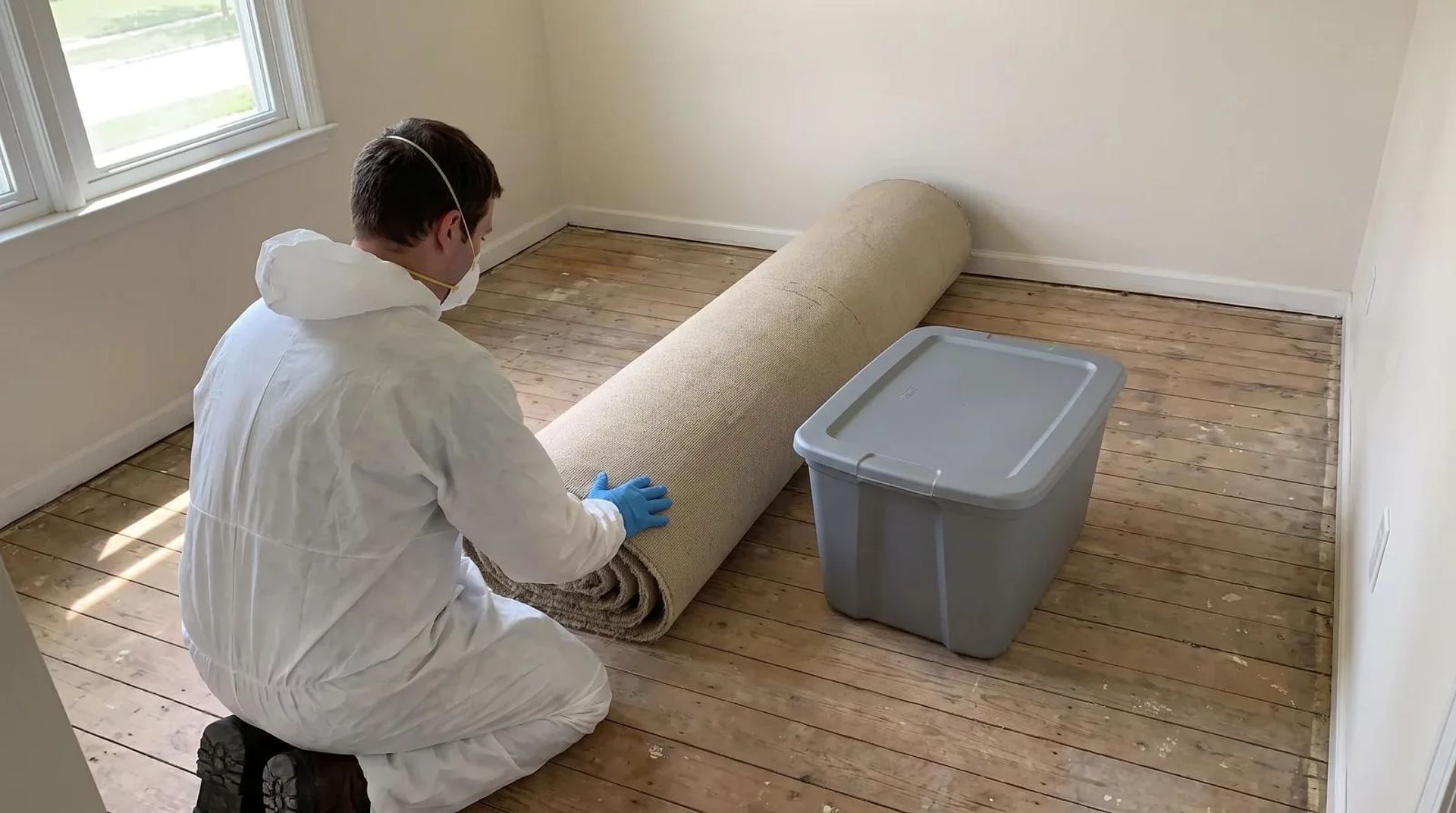 Worker in white coveralls and blue gloves kneeling by removed carpet and bare subfloor during biohazard cleaning in a Boise, Idaho home
