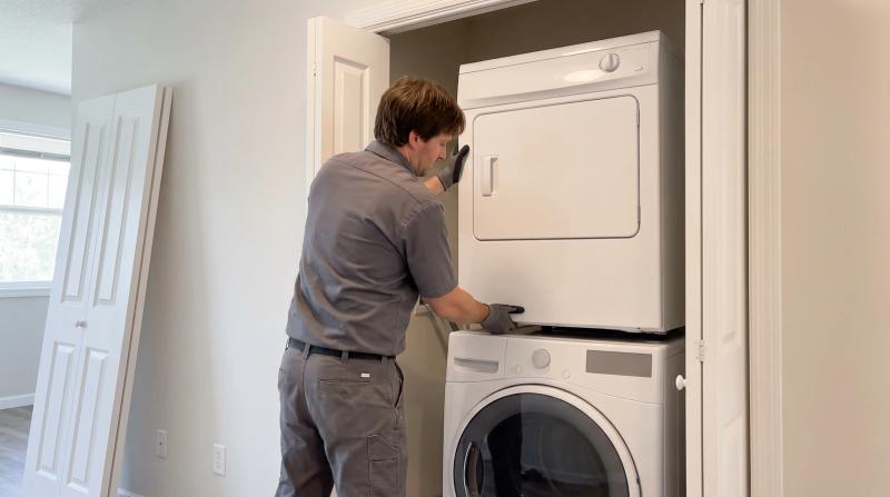 Worker lifting a stacked dryer off a front-load washer in a narrow laundry closet during appliance removal in Boise, Idaho
